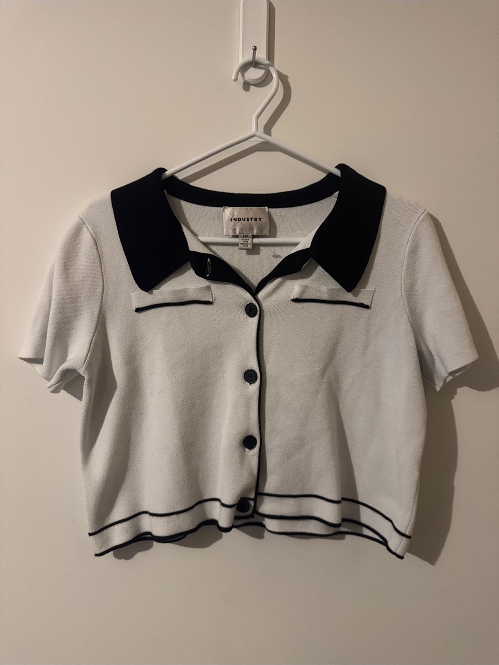 Industry White Knit Polo Cardigan with Black Trim